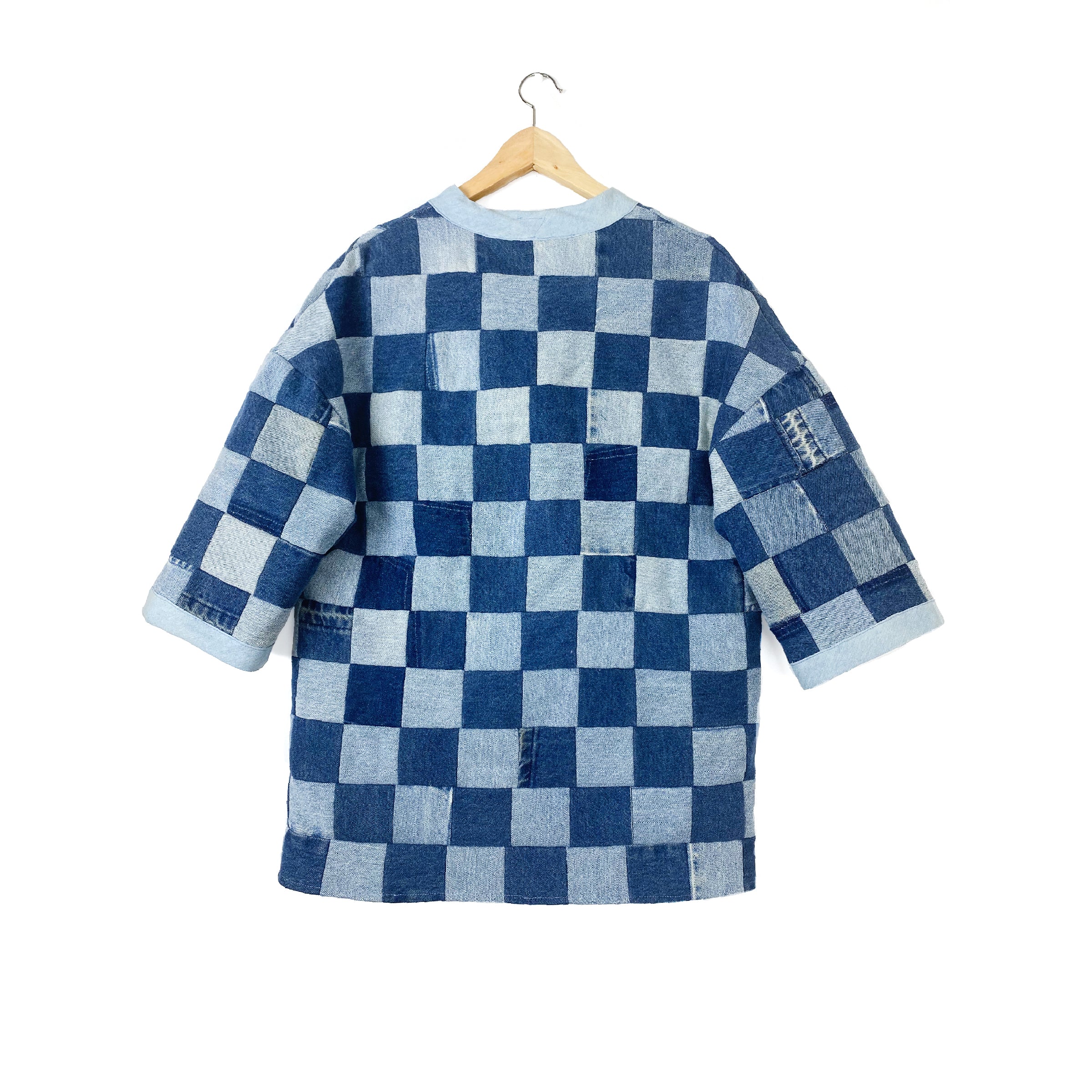 "Patchwork Checkerboard" Denim Lounger Jacket - Late to the Party