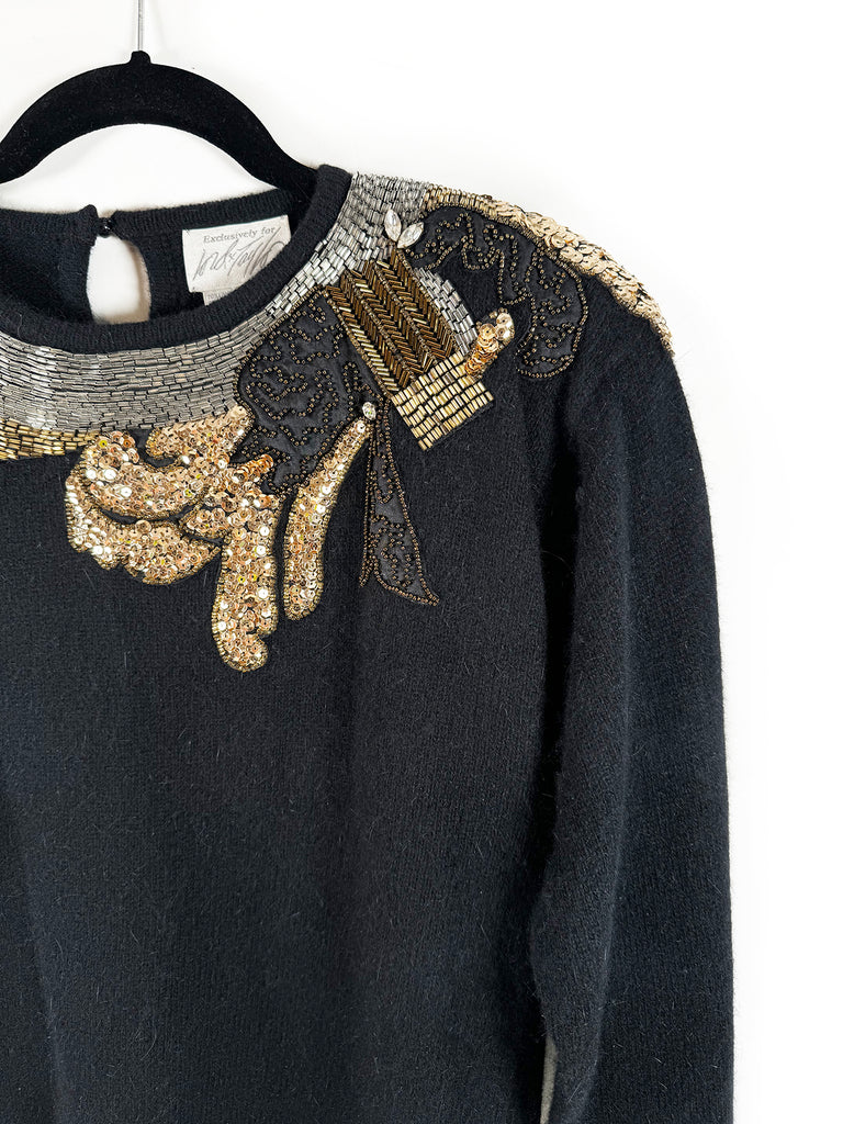 Sequins Abstract Collar Black Sweater - Late to the Party