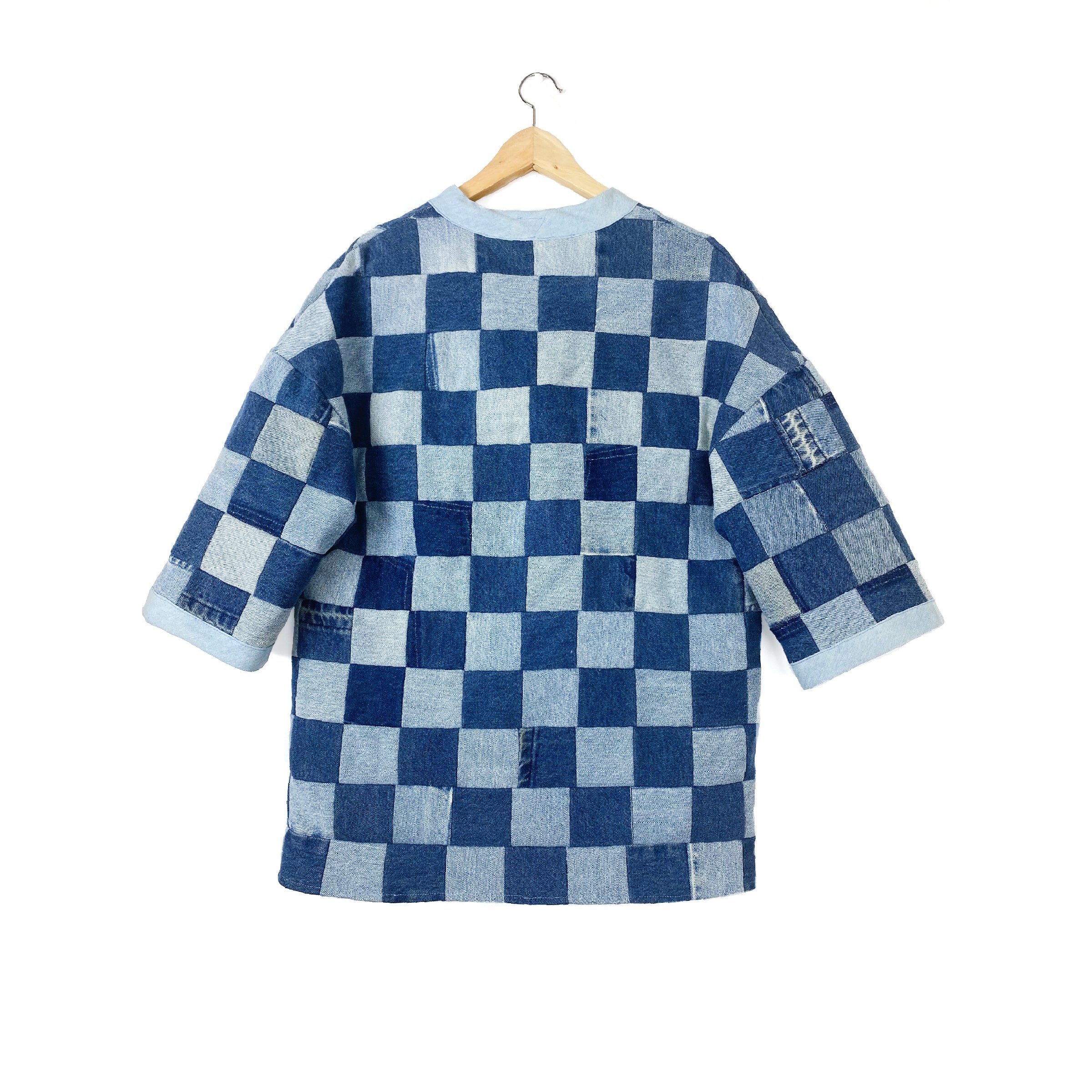 "Patchwork Checkerboard" Denim  Lounger Jacket - Late to the Party